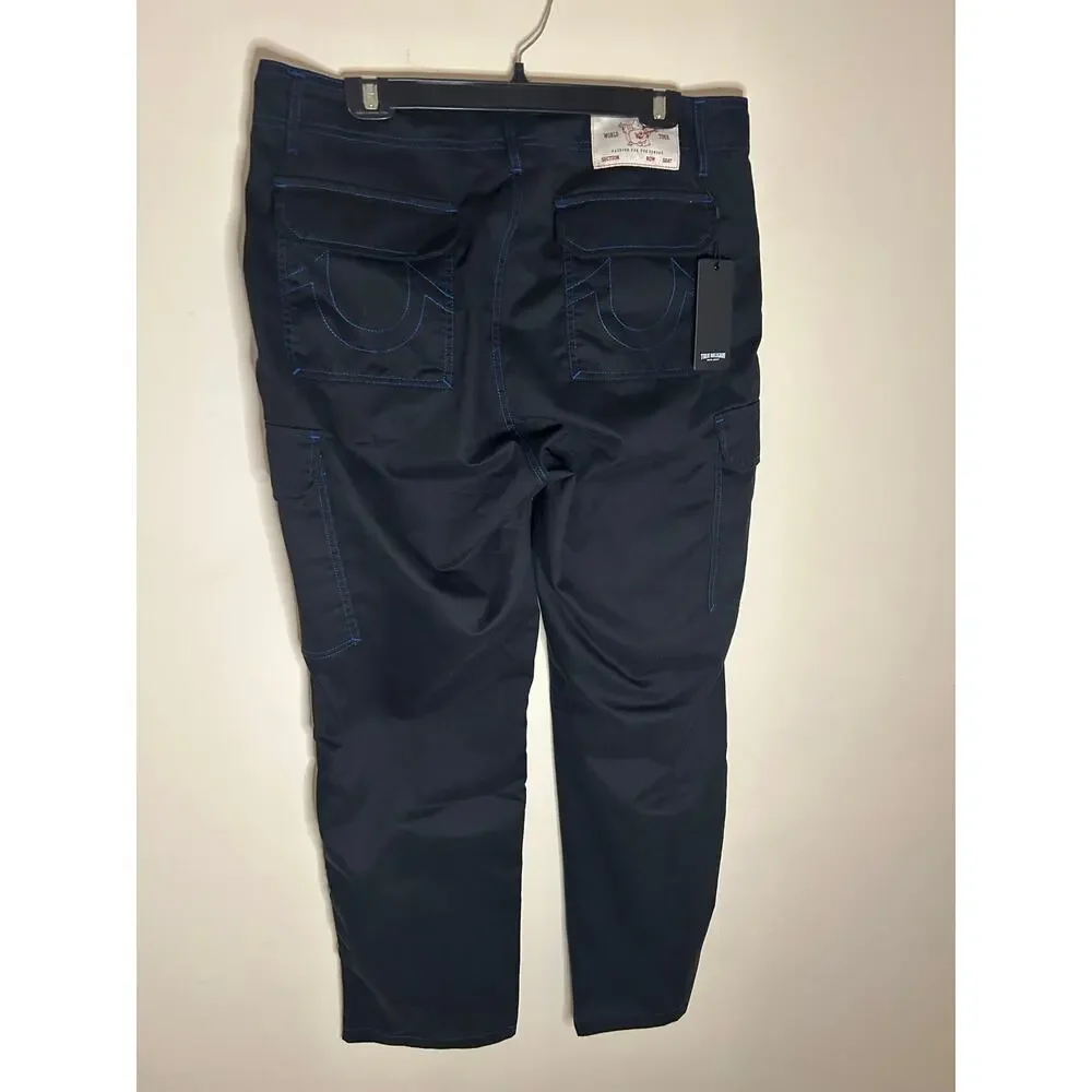 True Religion Baggy Cargo Pants Jet Black Pacific Blue Contrast Stitch 34 NWT